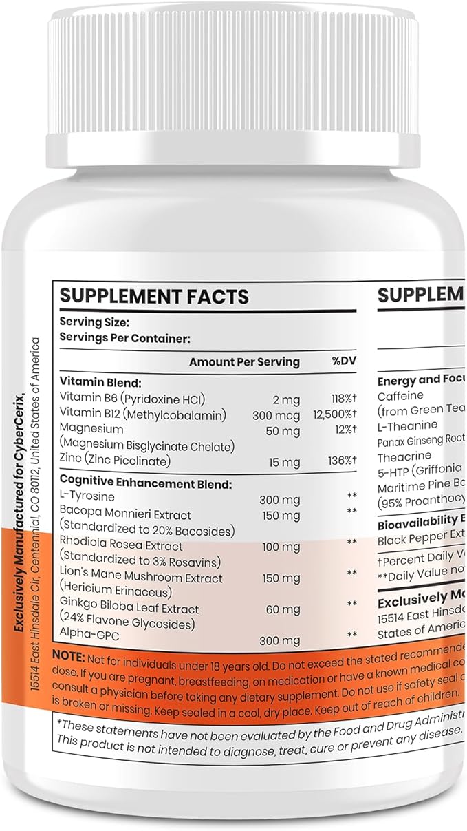 17-in-1 Brain Supplements for Memory and Focus - Nootropic Formula for Concentration, Clarity, Energy & Focus - Natural Caffeine Blend with Vitamins, Amino Acids & Herbal Extracts - 120 Tablets