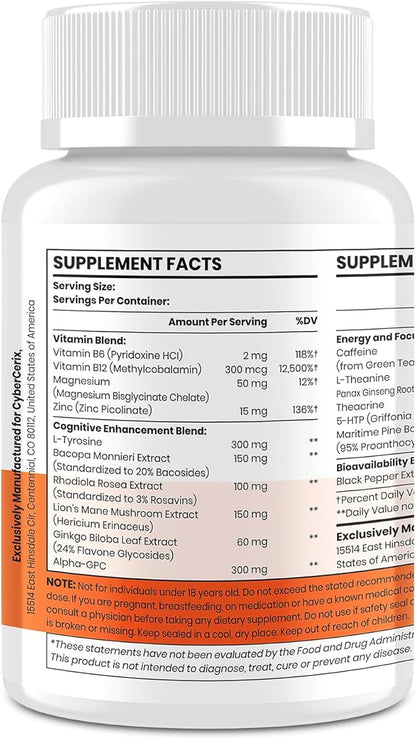 17-in-1 Brain Supplements for Memory and Focus - Nootropic Formula for Concentration, Clarity, Energy & Focus - Natural Caffeine Blend with Vitamins, Amino Acids & Herbal Extracts - 120 Tablets