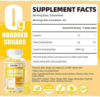Creatine Monohydrate Gummies 5000mg for Men & Women, Chewables Creatine Monohydrate for Muscle Strength, Muscle Builder, Energy Boost, Pre-Workout Supplement-90 Pineapple Gummies