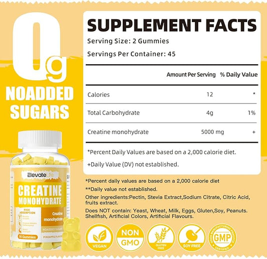 Creatine Monohydrate Gummies 5000mg for Men & Women, Chewables Creatine Monohydrate for Muscle Strength, Muscle Builder, Energy Boost, Pre-Workout Supplement-90 Pineapple Gummies