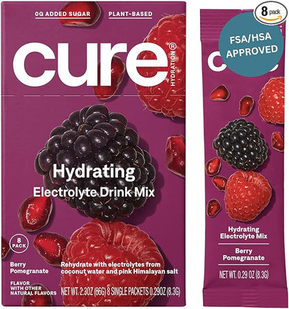 Cure Hydrating Plant Based Electrolyte Mix | Powder for Dehydration Relief | Made with Coconut Water | Non-GMO | No Added Sugar | FSA & HSA | Vegan | Box of 8 Packets - Berry Pomegranate