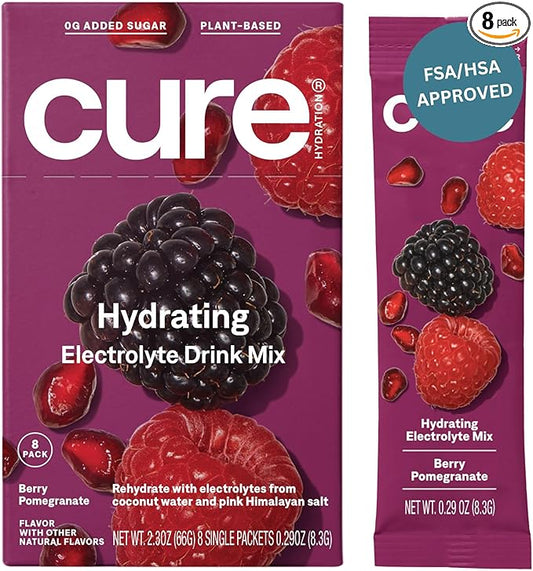 Cure Hydrating Plant Based Electrolyte Mix | Powder for Dehydration Relief | Made with Coconut Water | Non-GMO | No Added Sugar | FSA & HSA | Vegan | Box of 8 Packets - Berry Pomegranate