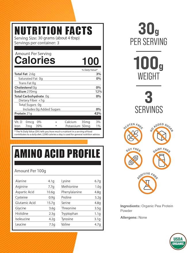 BulkSupplements.com Organic Pea Protein Powder - Vegan Protein Powder, Pea Protein Powder - Unflavored, Plant Based Protein - Gluten Free, 30g per Serving, 100g (3.5 oz) (Pack of 1)