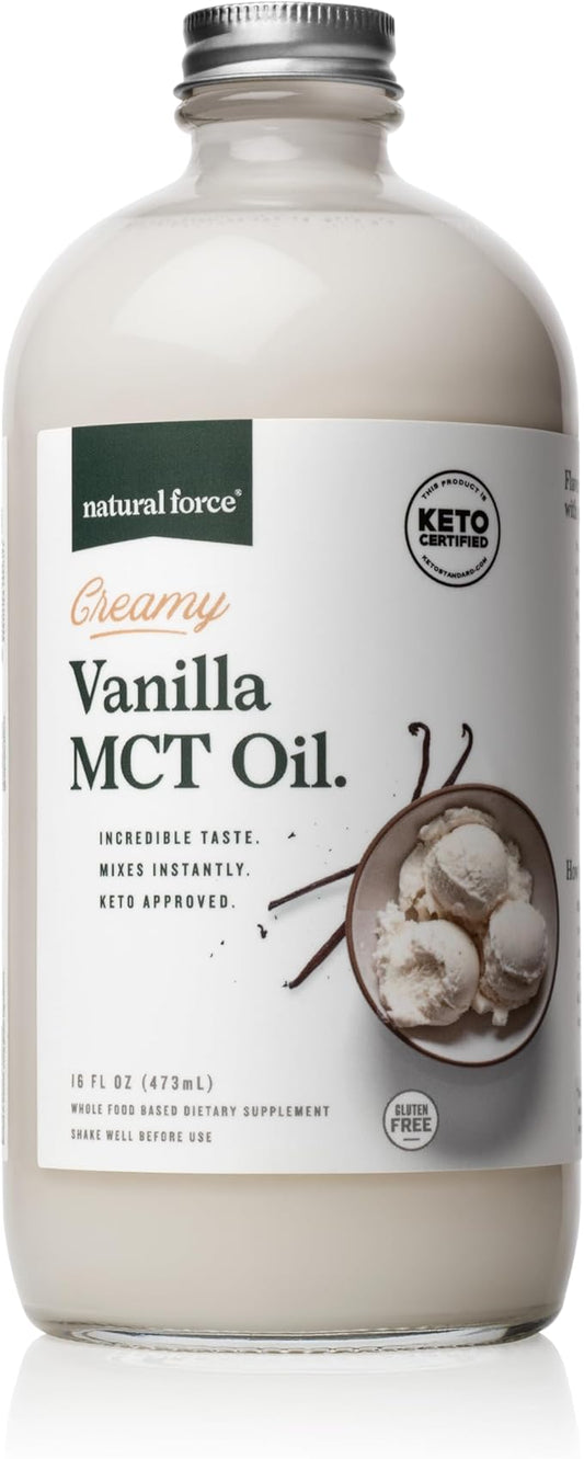 Natural Force Creamy Vanilla MCT Oil – Non Dairy, Keto Certified, Emulsified MCTs for Low-Carb, Ketogenic Coffee, Smoothies, & Shakes - Mixes Instantly + No Blending Required – 16 Oz Glass Bottle