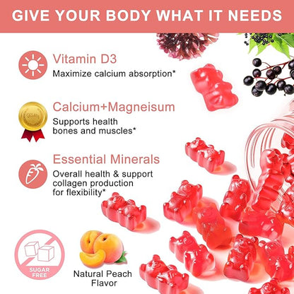 1200mg Calcium Gummies with D3,K2,Zinc - Plant Complex Calcium Magnesium Supplement with Glycinate,Potassium,Vitamin C &Whole Natural Food for Bone & Immune Support- 60 Chewable Gummy Sugar-Free