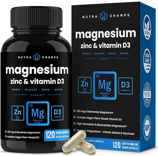 NutraChamps Magnesium Zinc & Vitamin D3 Supplement 120 Vegan