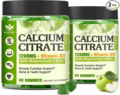 Calcium Citrate 1200mg Supplement with Vitamin D3 Gummies for Women & Men - Chewable Calcium Magnesium Zinc D3 K2 Supplement for Bone & Teeth Support, Vegan, Apple Flavor - 60 Gummies (2Pack)