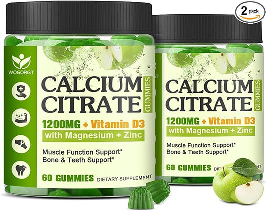 Calcium Citrate 1200mg Supplement with Vitamin D3 Gummies for Women & Men - Chewable Calcium Magnesium Zinc D3 K2 Supplement for Bone & Teeth Support, Vegan, Apple Flavor - 60 Gummies (2Pack)