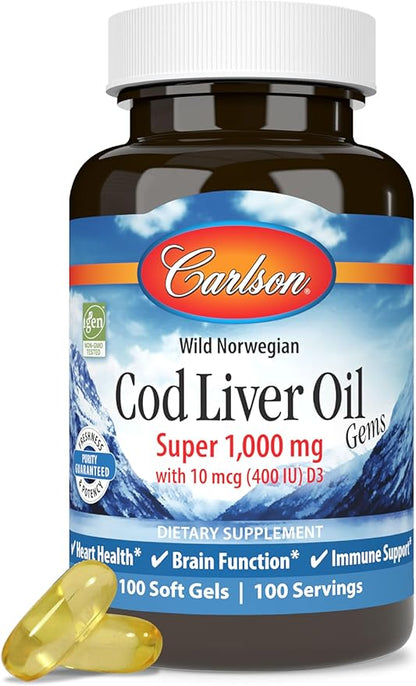 Carlson - Cod Liver Oil, Super 1000 mg D3, Wild 100 Softgels