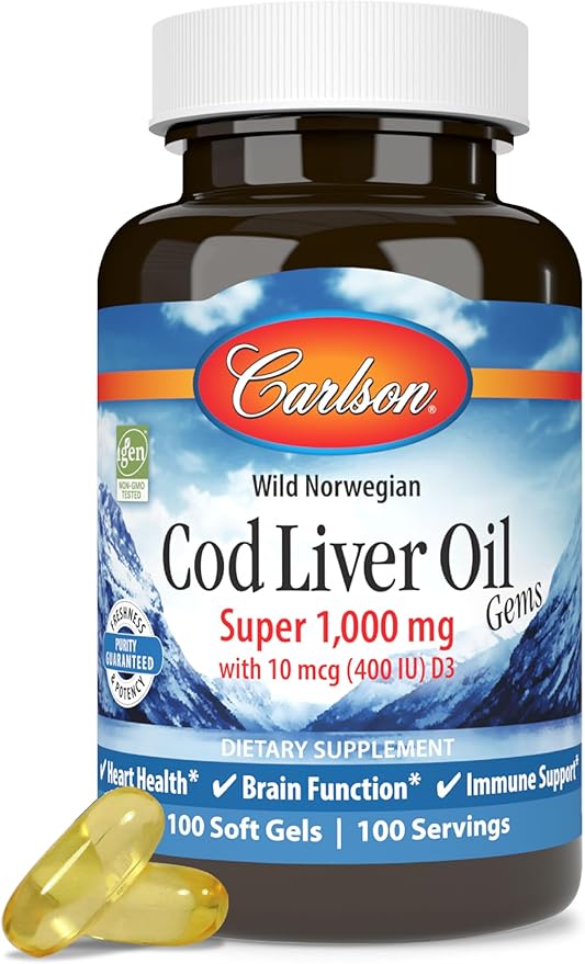 Carlson - Cod Liver Oil, Super 1000 mg D3, Wild 100 Softgels