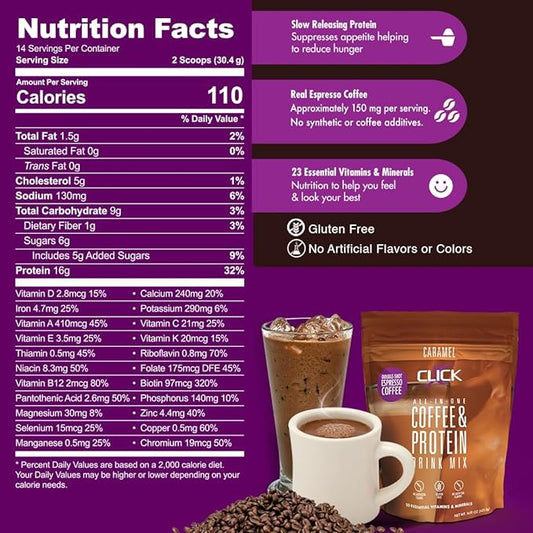 Click Coffee Protein Powder 16g Protein 23 Essential 150mg Caffeine
