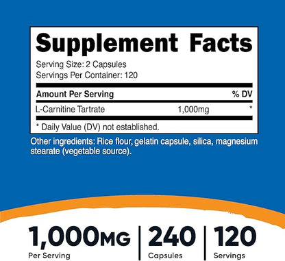 Nutricost L-Carnitine Tartrate 1,000mg, 240 Capsules - 500mg Per Capsule, 120 Servings