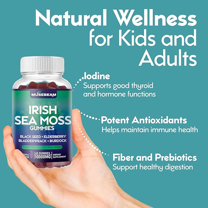 Irish Sea Moss Gummies 10000mg - with Black Seed Elderberry Bladderwrack Burdock Turmeric Omega-3 Vitamins C D3 Zinc - Seamoss Supplements for Adults Women Men - Sugar-Free Gluten Free Vegan