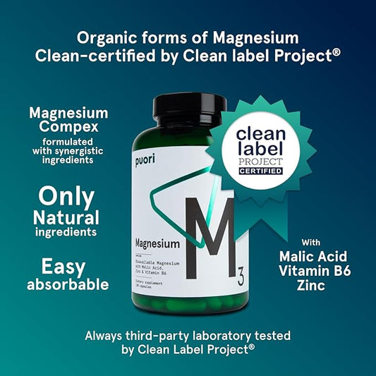 Puori Organic Magnesium Zinc Supplement 300mg - 120 Vegan M3 Complex B6