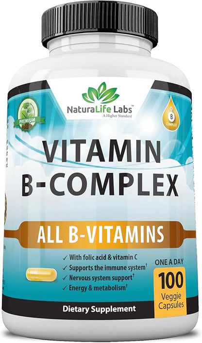 Vitamin B Complex with Vitamin C B12, B1, B1, B2, B2, B3, B3, Vitamin B5 Pantothenic B6, B7, B7, B9 B9 - 100 Veggie