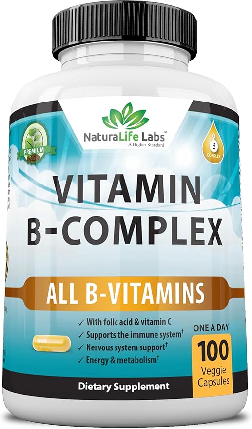 Vitamin B Complex with Vitamin C B12, B1, B1, B2, B2, B3, B3, Vitamin B5 Pantothenic B6, B7, B7, B9 B9 - 100 Veggie