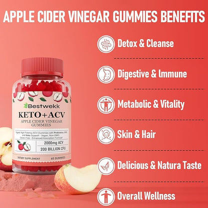 Apple Cider Vinegar Gummies, Max Strength 2000mg ACV Gummies with Probiotics, B12 and Keto Support, For Digestion, Metabolism, Detox, Gut & Immune Health, Gelatin-Free, Vegan & Non-GMO, 120 Gummies