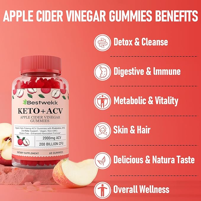 Apple Cider Vinegar Gummies, Max Strength 2000mg ACV Gummies with Probiotics, B12 and Keto, for Digestion, Metabolism, Gut & Immune Health, Gelatin-Free, Vegan & Non-GMO, 240 Gummies