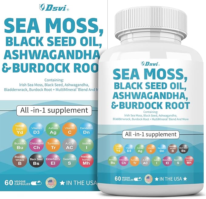 Sea Moss 3000mg Black Seed Oil 2000mg Ashwagandha 1000mg Bladderwrack 1000mg Turmeric 1000mg Burdock 1000mg Vitamin D3 Elderberry Women,60 Count