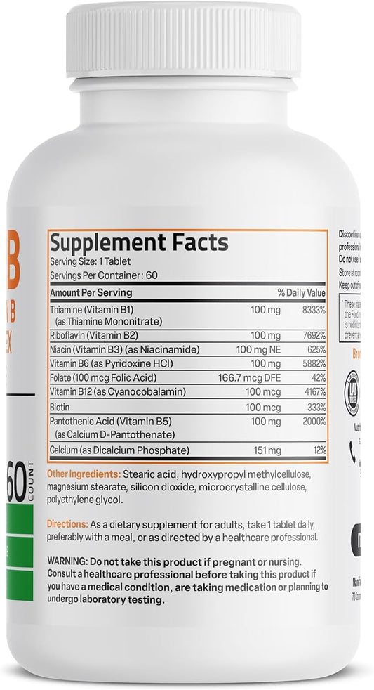 Bronson Vitamin B 100 Complex High B1, B2, B2, B3, B3, B6, B6, B9 B9 - B12), 60 60 Tablets