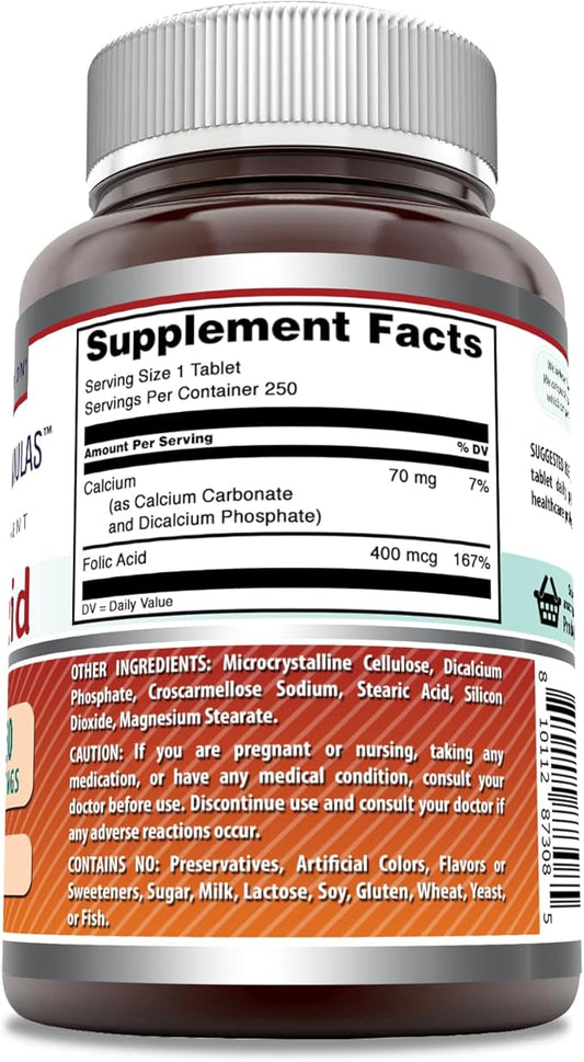 Amazing Formulas Folic Acid (Vitamin B9) 400 mcg Tablets | Non-GMO | Gluten Free | Made in USA (400 mcg, 250, Count)