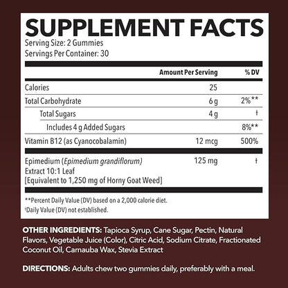 Horny Goat Weed Gummies with Vitamin B12 - Energy, Endurance & Performance Support for Men and Women - Enhanced with B12 Vitamins for Mood & Male Health Support - 60 Raspberry Vegan Gummies