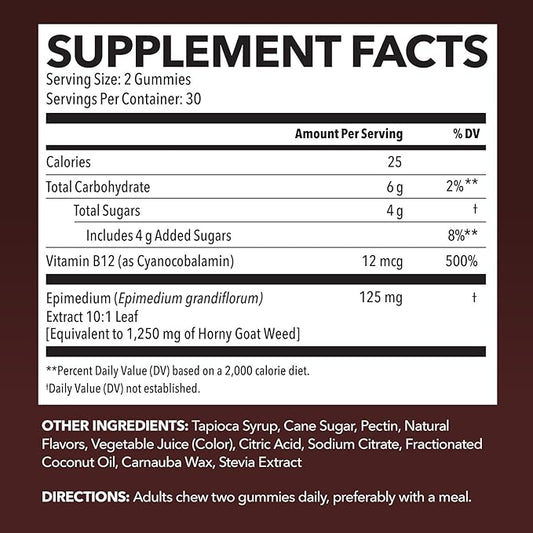 Horny Goat Weed Gummies with Vitamin B12 - Energy, Endurance & Performance Support for Men and Women - Enhanced with B12 Vitamins for Mood & Male Health Support - 60 Raspberry Vegan Gummies
