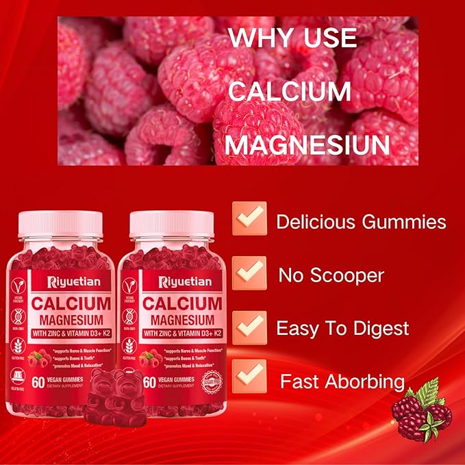 Calcium Magnesium Zinc Gummies with Vitamin D3 Supplement, 60 Count