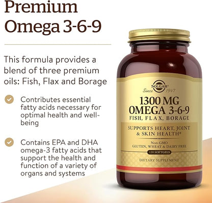 Solgar 1300 mg Omega 3-6-9, 120 Softgels 3 Fatty 40 Servings