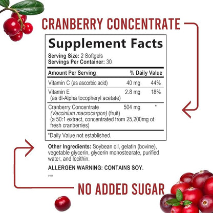 Cranberry Concentrate Extract Supplement for Women 25,200mg Formula 60 Softgels