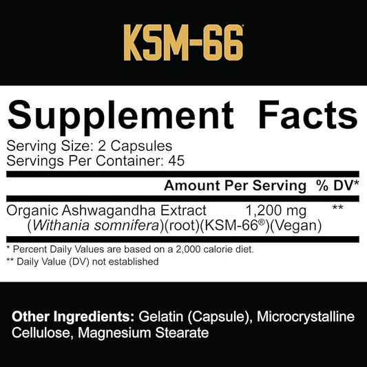 5% Nutrition Core KSM-66 Ashwagandha | 1,200mg Organic Ashwagandha Root Powder Extract | High Potency 5% Withanolides (45 Servings, 90 Capsules)