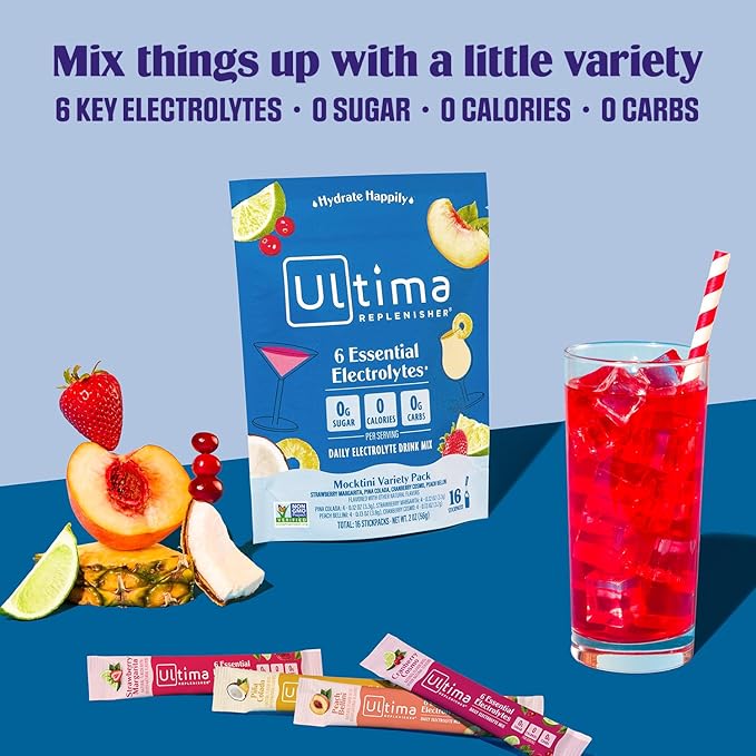 Ultima Replenisher Daily Electrolyte Powder Drink Mix – Mocktini Variety, 16 Stickpacks – Hydration Packets with 6 Key Electrolytes and Trace Minerals – Keto Friendly, Non-GMO and Sugar-Free