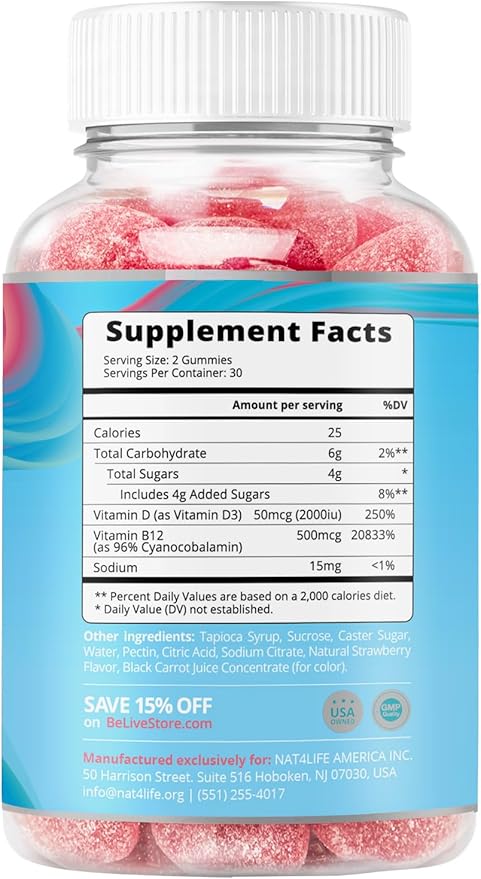 BeLive Vitamin D3 Gummies with B12 Vitamins 60 Ct B12 & D3, Provides