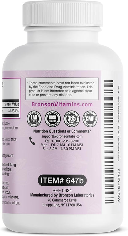 Bronson Ultra Biotin 10,000 Mcg Hair Skin and Nails Supplement, Non-GMO, 120 Vegetarian Capsules