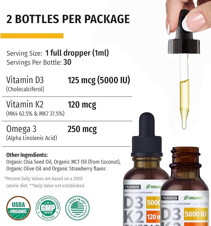 (2 Pack) Organic Vitamin D3 K2 3, Maximum 5000 IU, D3 for 2 Fl