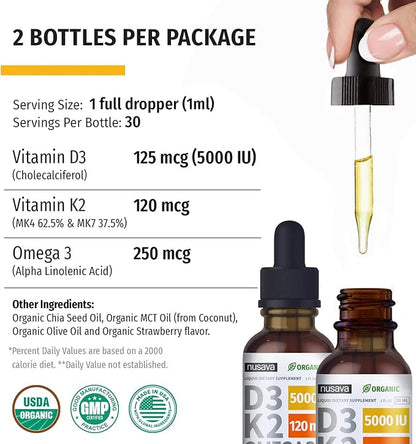 (2 Pack) Organic Vitamin D3 K2 3, Maximum 5000 IU, D3 for 2 Fl