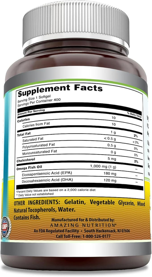 Amazing Omega Fish Oil Supplement Omega-3, 180 180 mg 120 mg 1000 Mg 400 Softgels