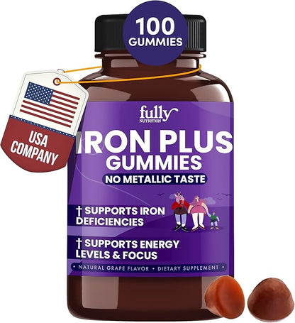 Iron Gummies Supplements for Adults (Women, Men) and Kids – Grape Flavor- Supports Anemia, Energy and Focus Levels – 100 Count
