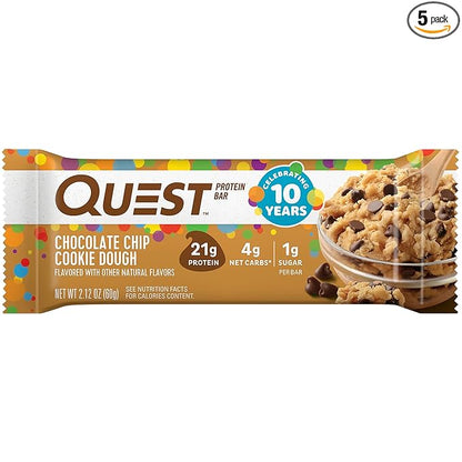 Quest Nutrition Chocolate Chip Cookie Dough - High Protein, Low Carb, Gluten Free, Keto Friendly, 2.12 Oz , 4 Count (Pack of 5)