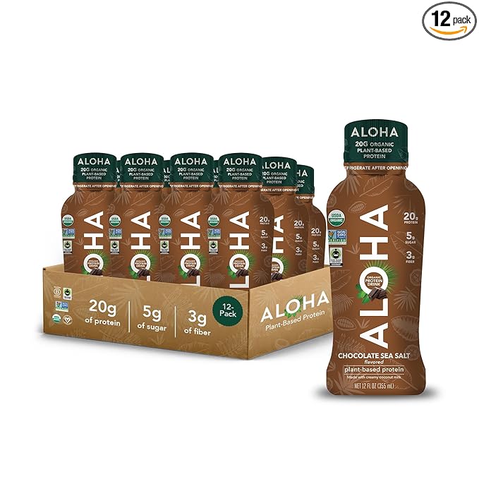 ALOHA Organic Plant Based Chocolate Sea Salt Protein Shake w/MCT Oil (12 ct, 12oz Bottle) 20g Protein, Meal Replacement, Low Sugar & Carb, Gluten-Free, Paleo, Non-GMO, No Soy, Stevia or Sugar Alcohol…