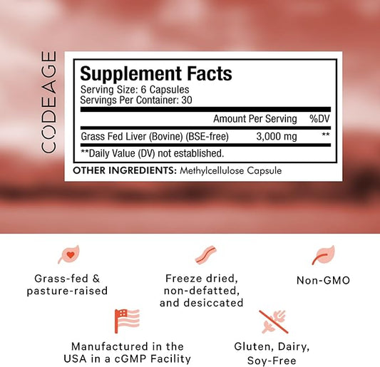 Codeage Grass Fed Beef Liver Supplement Superfood, Freeze Dried, Non-Defatted, Desiccated Beef Liver Glandulars Bovine Pills, Pasture Raised Beef Vitamins, Non-GMO Liver Meat, 180 Capsules