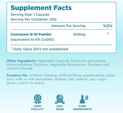 Pure CoQ10 200mg 200 Capsules - Quick Absorption Non-GMO