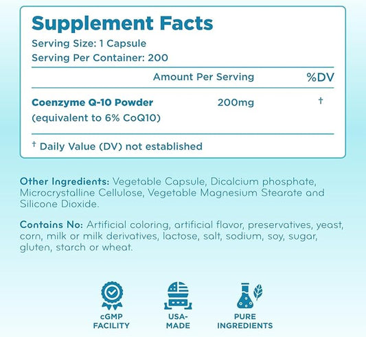 Pure CoQ10 200mg 200 Capsules - Quick Absorption Non-GMO