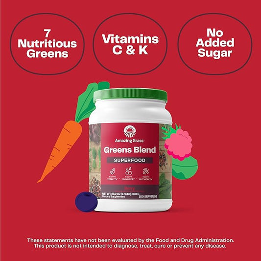 Amazing Grass Greens Superfood Powder: Greens Powder with Digestive Enzymes & Probiotics, Organic Spirulina, Chlorella, and Beet Root Powder, Berry, 100 Servings