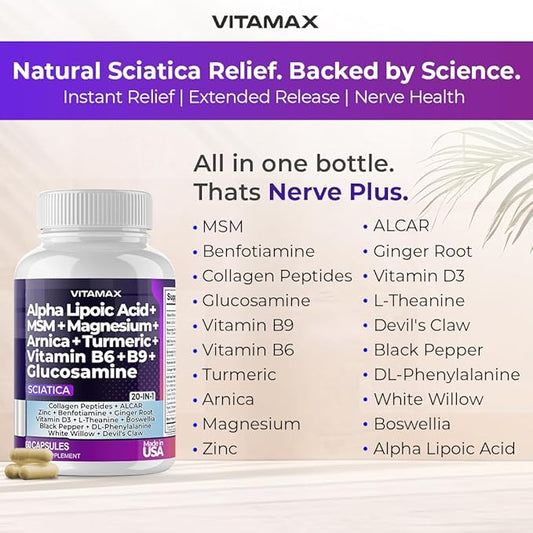 Sciatic Nerve Health Support - Sciatic Nerve Supplement Capsules with Folic Acid, Pea, Glucosamine, MSM, Vitamin B Complex, Alpha Lipoic Acid 300mg – 60ct – Made in USA