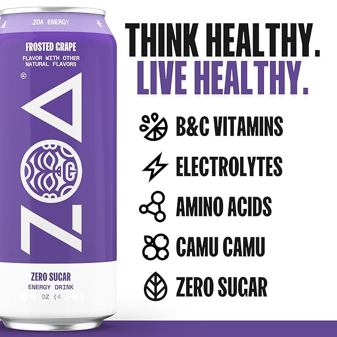 ZOA Zero Sugar Energy Drinks, Frosted Grape - Sugar Free with Electrolytes, Healthy Vitamin C, Amino Acids, Essential B-Vitamins, and Caffeine from Green Tea - 16 Fl Oz (12-Pack)