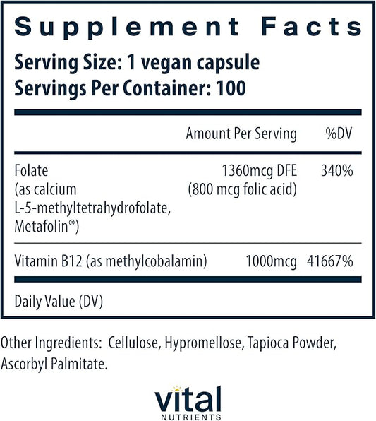 Vital Nutrients Vitamin B12 & Methyl Folate | Vegan Methylated Folate and B12 Supplement | Supports Nervous System & Metabolism* | High-Potency B12 Vitamins * | Gluten, Dairy, Soy Free | 100 Capsules