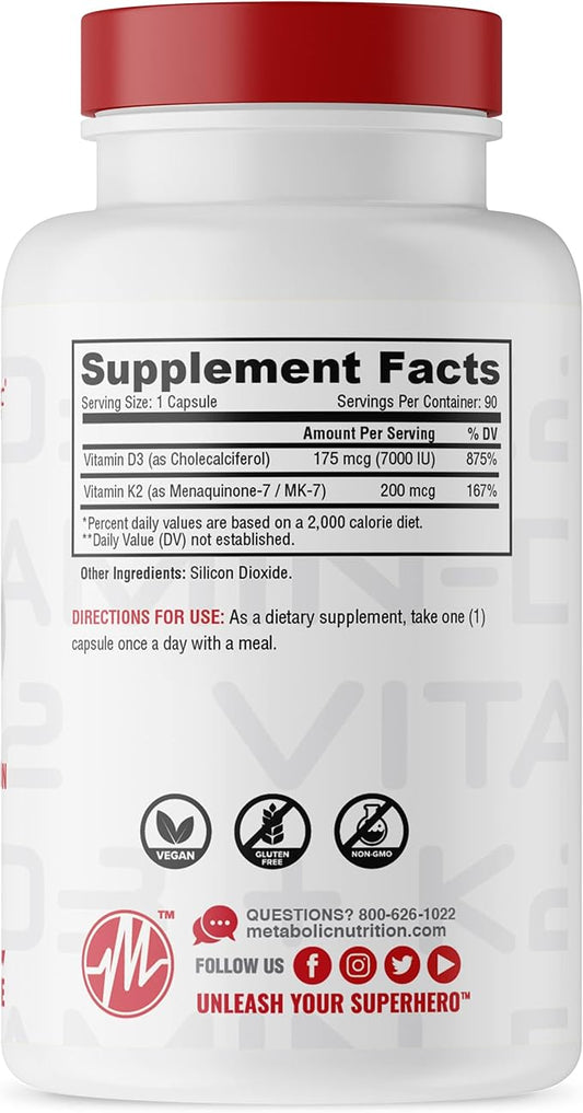 Metabolic Nutrition Vitamin D3 + K2, 90 Veggie 7000IU per