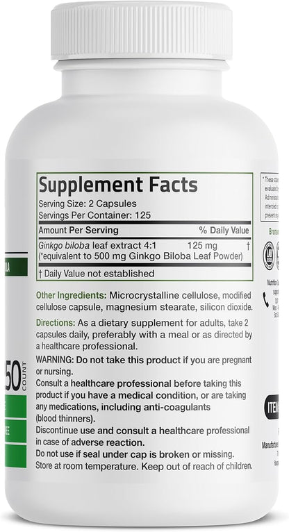 Bronson Ginkgo Biloba Extra Supports Brain 250 Vegetarian