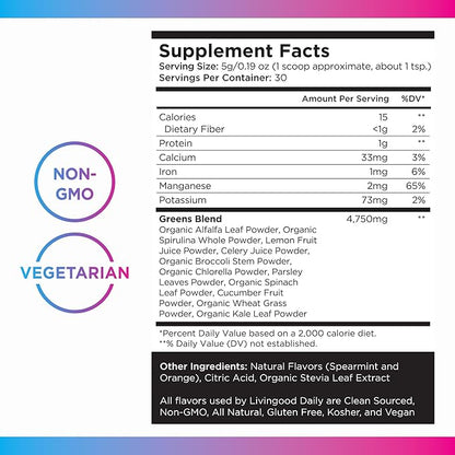 Livingood Daily Greens Powder (Original) - Green Juice Powder Supplement with Spirulina, Chlorella, Broccoli, Spinach for Energy & Digestive Support - Powdered Super Greens for Gut Health, 30 Servings